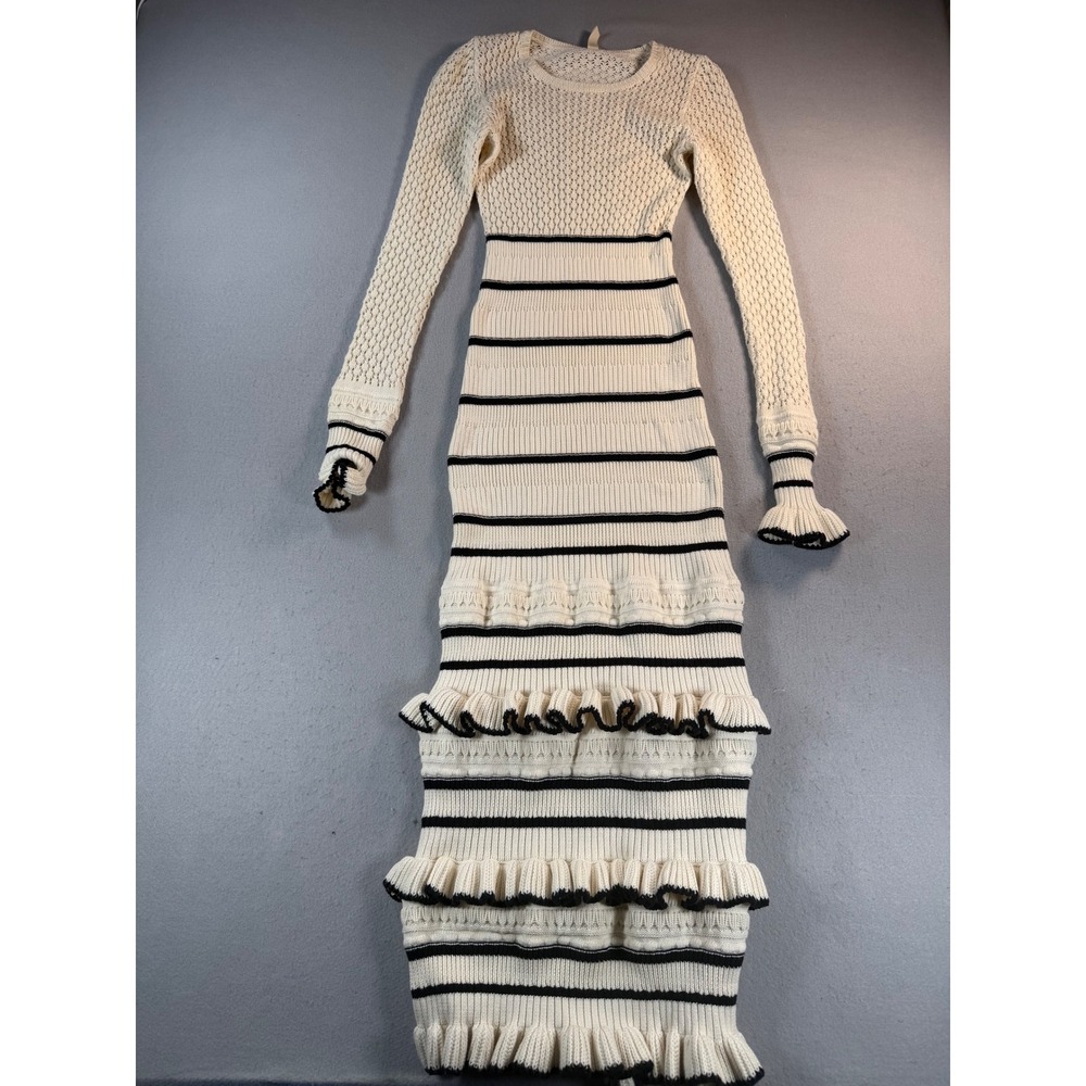 Kivari Cream Black Striped Ruffle Knit Maxi Dress Long Sleeve Size US 4